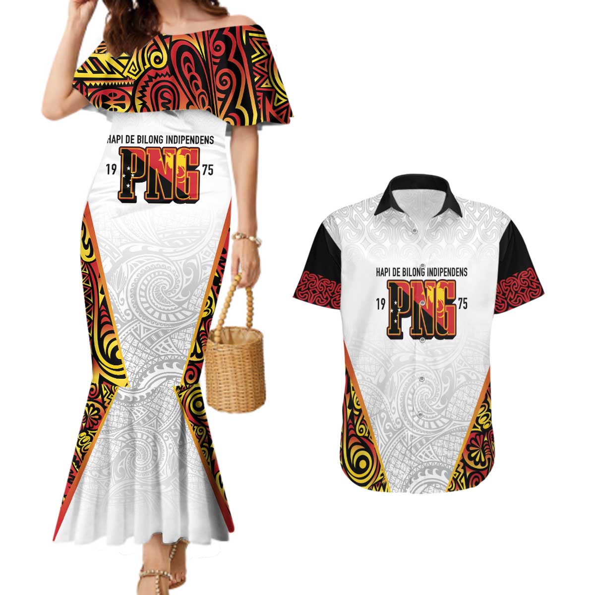 Personalized Papua New Guinea Couples Matching Mermaid Dress and Hawaiian Shirt Hapi De bilong Indipendens PNG