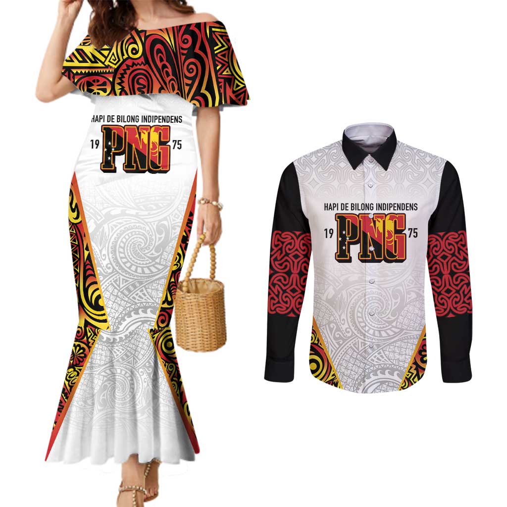 Personalized Papua New Guinea Couples Matching Mermaid Dress and Long Sleeve Button Shirt Hapi De bilong Indipendens PNG