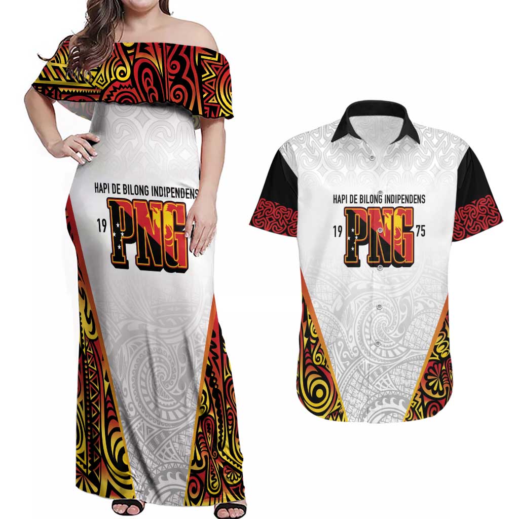 Personalized Papua New Guinea Couples Matching Off Shoulder Maxi Dress and Hawaiian Shirt Hapi De bilong Indipendens PNG