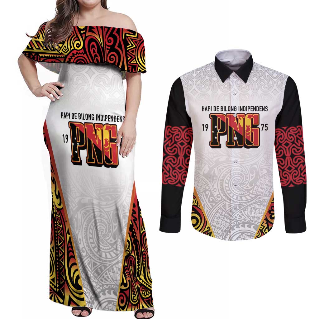 Personalized Papua New Guinea Couples Matching Off Shoulder Maxi Dress and Long Sleeve Button Shirt Hapi De bilong Indipendens PNG