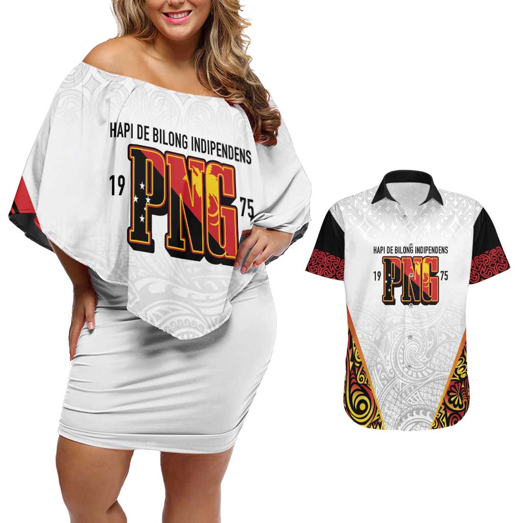 Personalized Papua New Guinea Couples Matching Off Shoulder Short Dress and Hawaiian Shirt Hapi De bilong Indipendens PNG