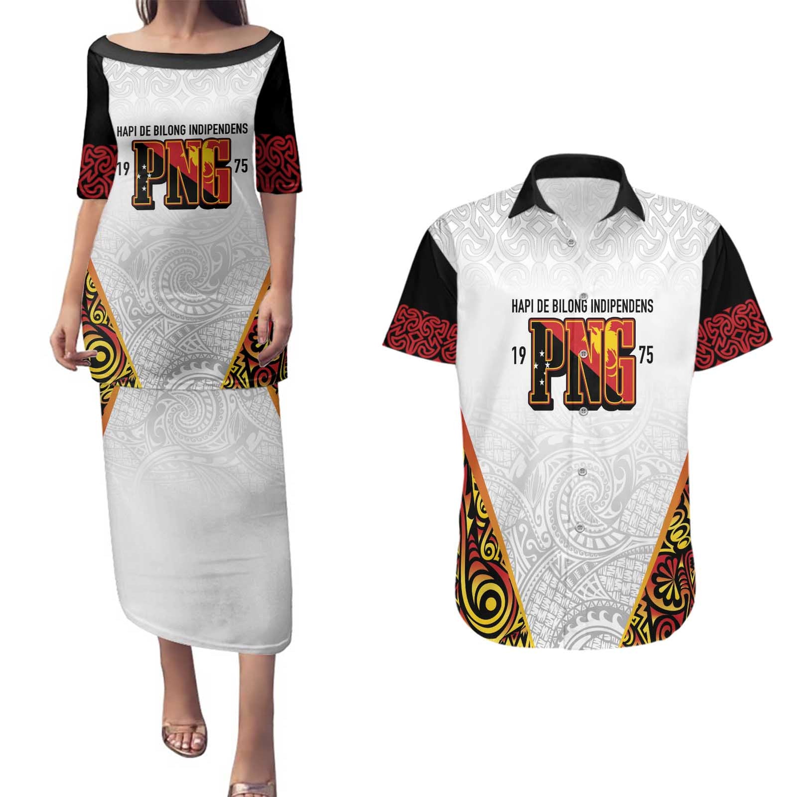Personalized Papua New Guinea Couples Matching Puletasi and Hawaiian Shirt Hapi De bilong Indipendens PNG