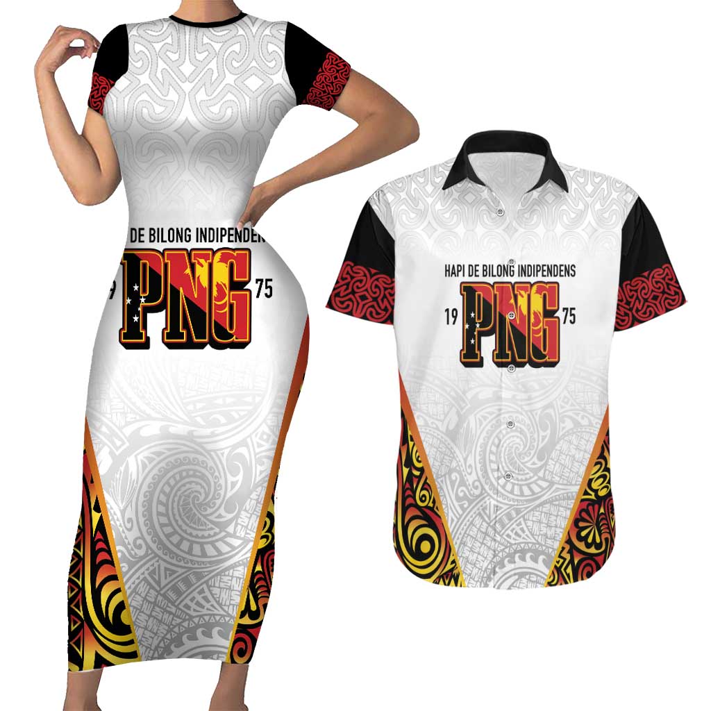 Personalized Papua New Guinea Couples Matching Short Sleeve Bodycon Dress and Hawaiian Shirt Hapi De bilong Indipendens PNG