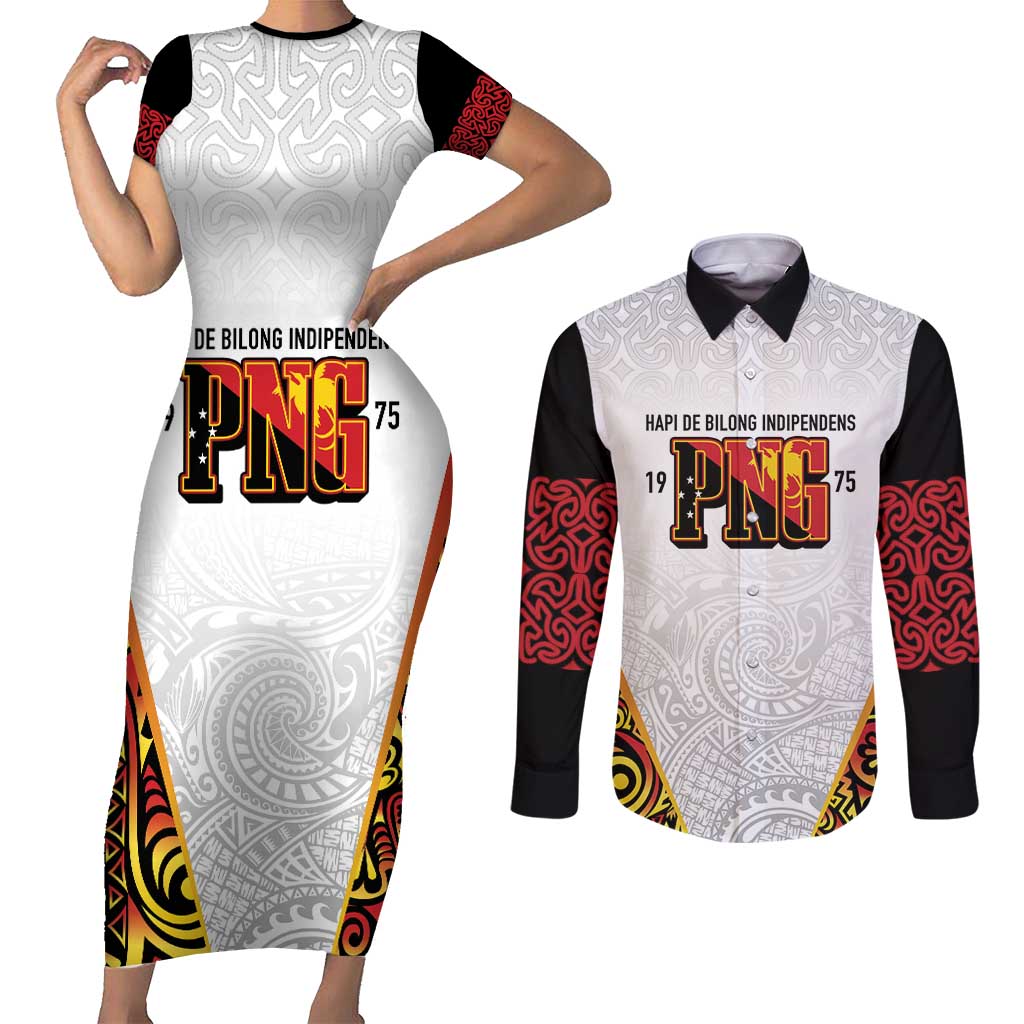 Personalized Papua New Guinea Couples Matching Short Sleeve Bodycon Dress and Long Sleeve Button Shirt Hapi De bilong Indipendens PNG