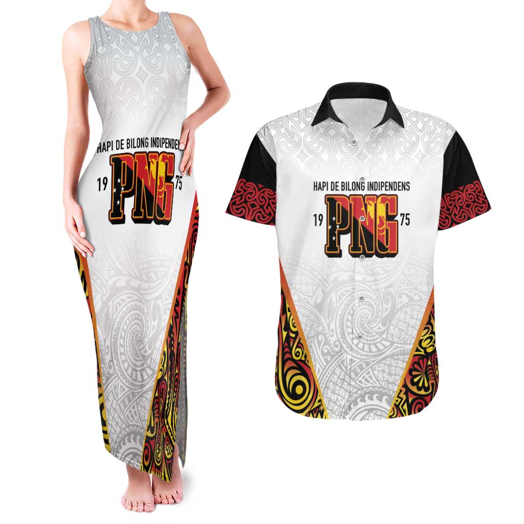 Personalized Papua New Guinea Couples Matching Tank Maxi Dress and Hawaiian Shirt Hapi De bilong Indipendens PNG