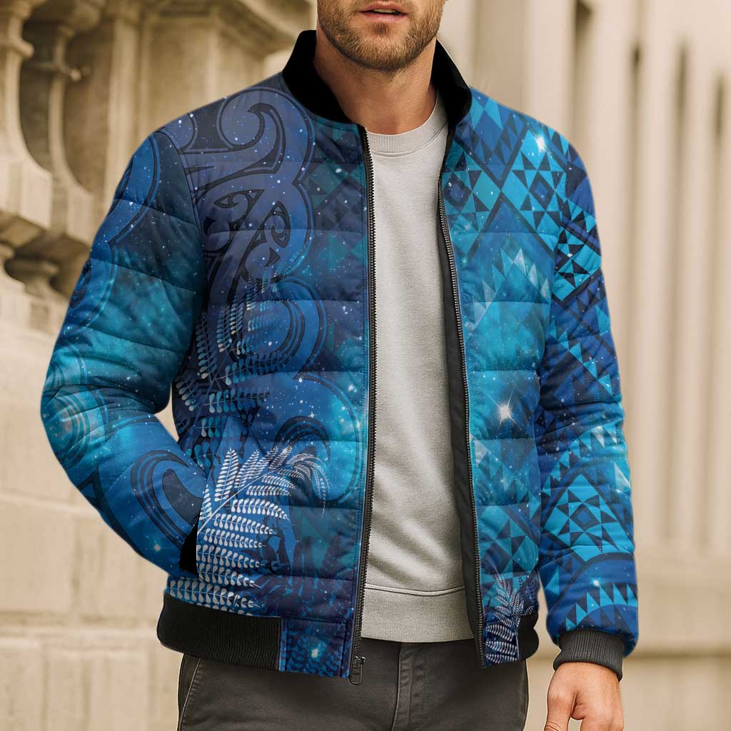 Aotearoa Taniko Matariki Bomber Puffer Jacket Cosmic Blue