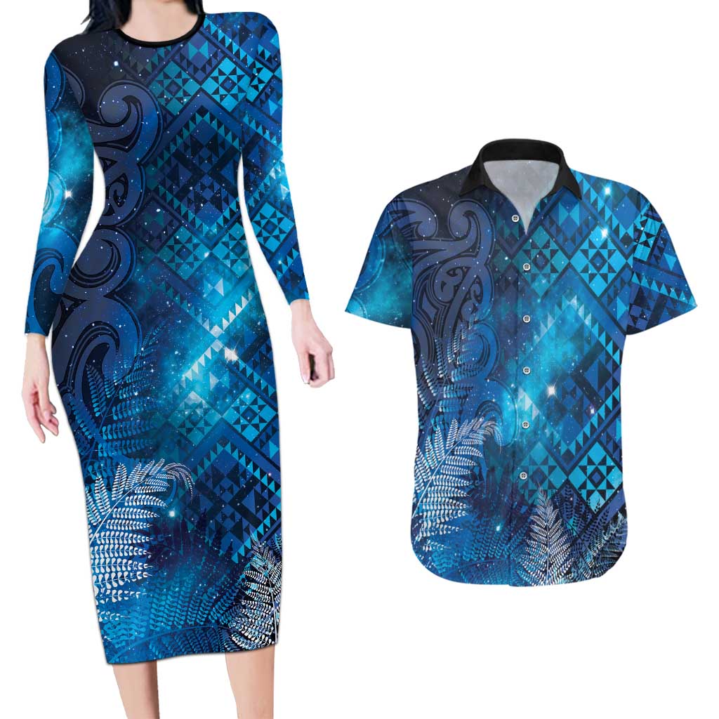 Aotearoa Taniko Matariki Couples Matching Long Sleeve Bodycon Dress and Hawaiian Shirt Cosmic Blue