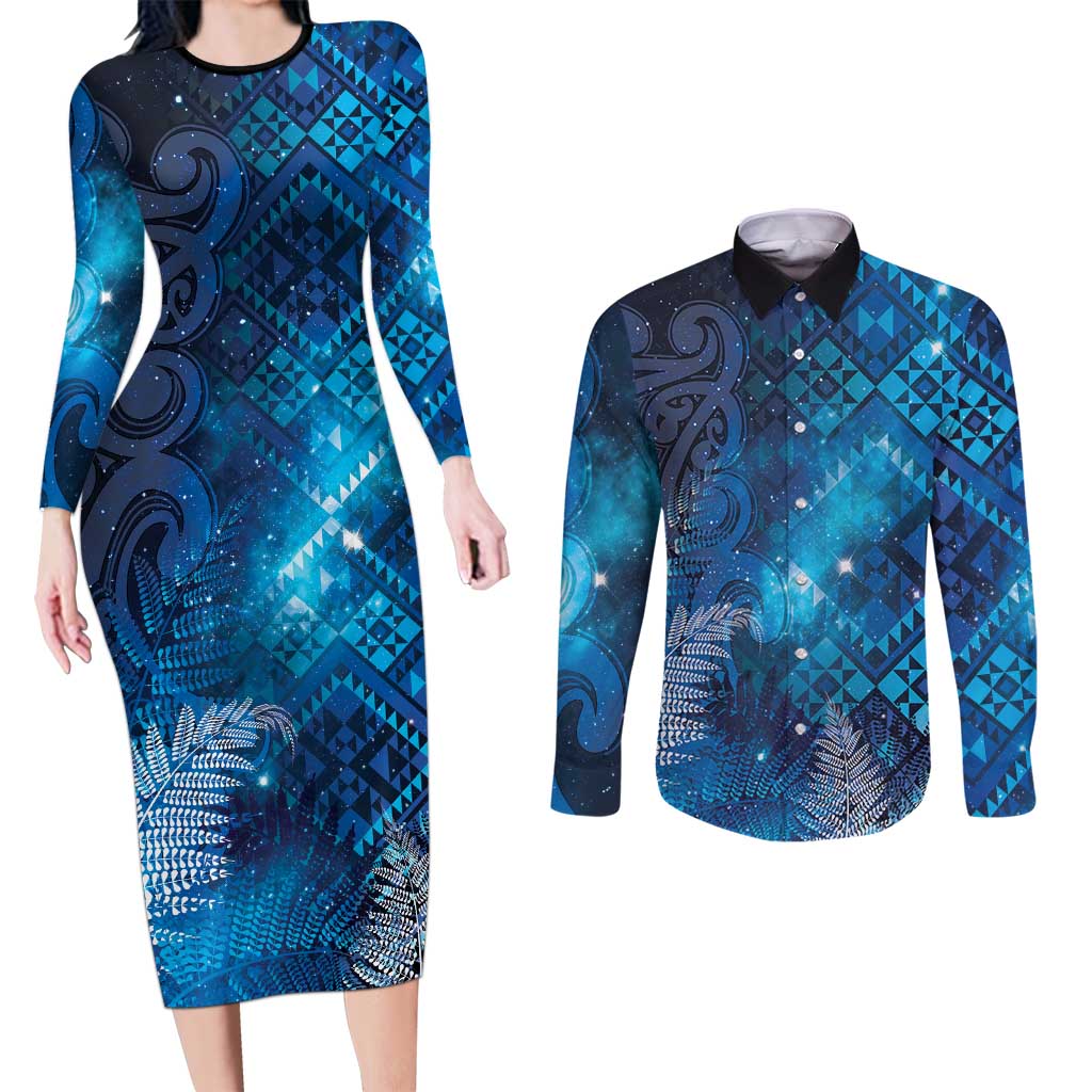 Aotearoa Taniko Matariki Couples Matching Long Sleeve Bodycon Dress and Long Sleeve Button Shirt Cosmic Blue