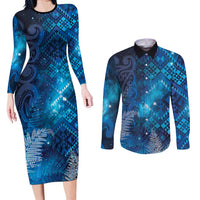 Aotearoa Taniko Matariki Couples Matching Long Sleeve Bodycon Dress and Long Sleeve Button Shirt Cosmic Blue
