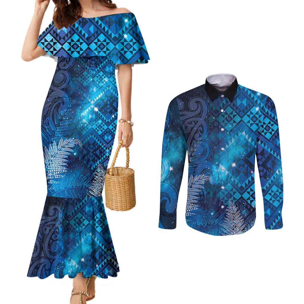 Aotearoa Taniko Matariki Couples Matching Mermaid Dress and Long Sleeve Button Shirt Cosmic Blue
