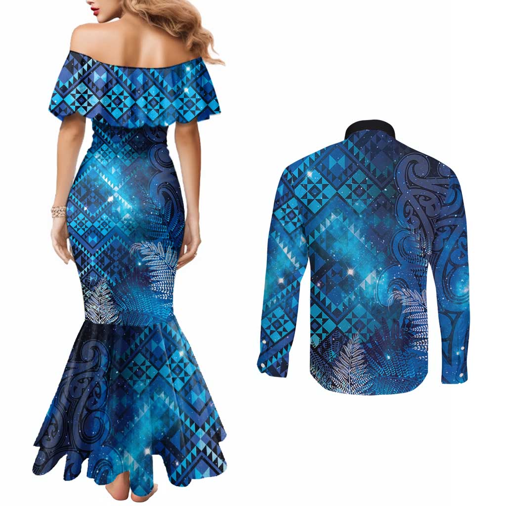 Aotearoa Taniko Matariki Couples Matching Mermaid Dress and Long Sleeve Button Shirt Cosmic Blue