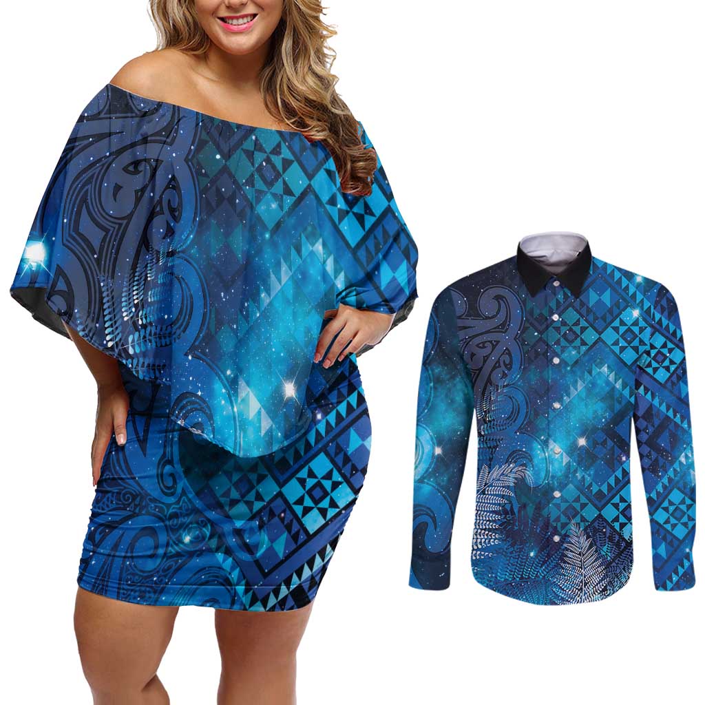 Aotearoa Taniko Matariki Couples Matching Off Shoulder Short Dress and Long Sleeve Button Shirt Cosmic Blue