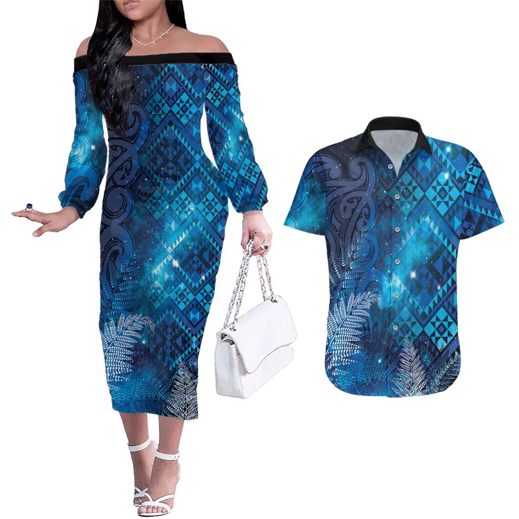 Aotearoa Taniko Matariki Couples Matching Off The Shoulder Long Sleeve Dress and Hawaiian Shirt Cosmic Blue