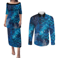 Aotearoa Taniko Matariki Couples Matching Puletasi and Long Sleeve Button Shirt Cosmic Blue LT7 Blue - Polynesian Pride