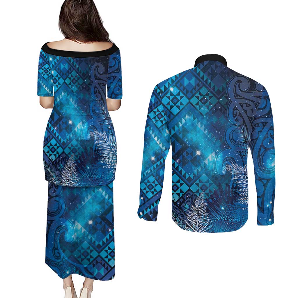 Aotearoa Taniko Matariki Couples Matching Puletasi and Long Sleeve Button Shirt Cosmic Blue LT7 - Polynesian Pride