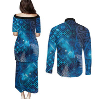 Aotearoa Taniko Matariki Couples Matching Puletasi and Long Sleeve Button Shirt Cosmic Blue LT7 - Polynesian Pride