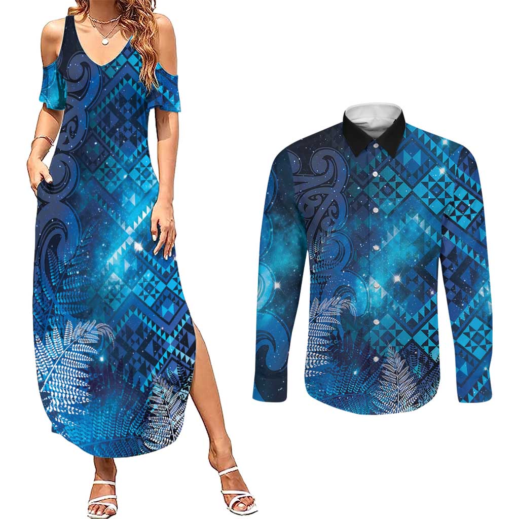Aotearoa Taniko Matariki Couples Matching Summer Maxi Dress and Long Sleeve Button Shirt Cosmic Blue