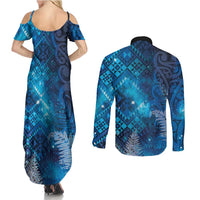 Aotearoa Taniko Matariki Couples Matching Summer Maxi Dress and Long Sleeve Button Shirt Cosmic Blue