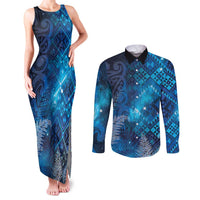 Aotearoa Taniko Matariki Couples Matching Tank Maxi Dress and Long Sleeve Button Shirt Cosmic Blue