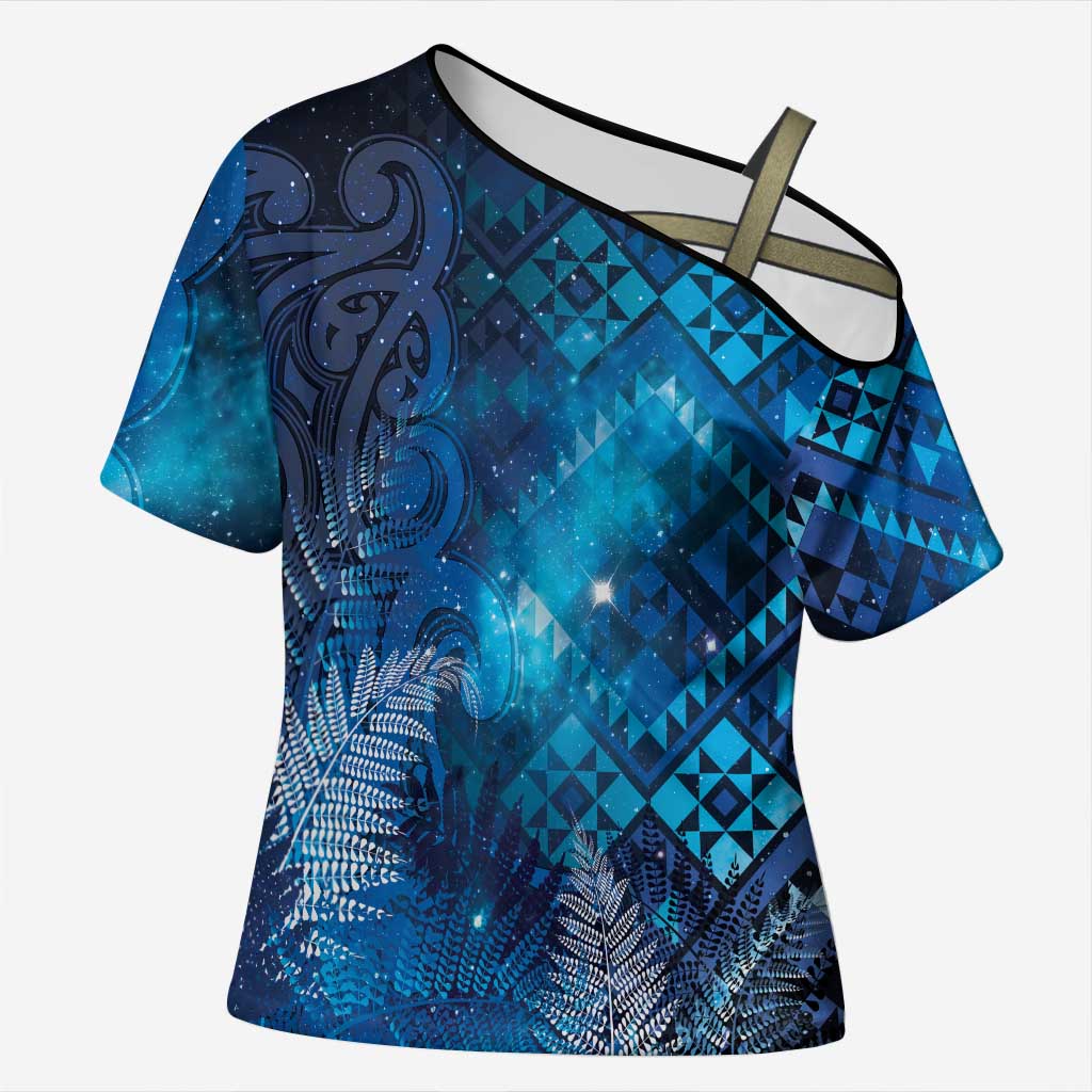 Aotearoa Taniko Matariki Cross Shoulder Shirt Cosmic Blue