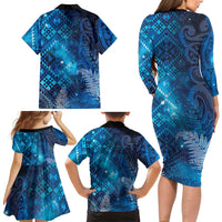 Aotearoa Taniko Matariki Family Matching Long Sleeve Bodycon Dress and Hawaiian Shirt Cosmic Blue