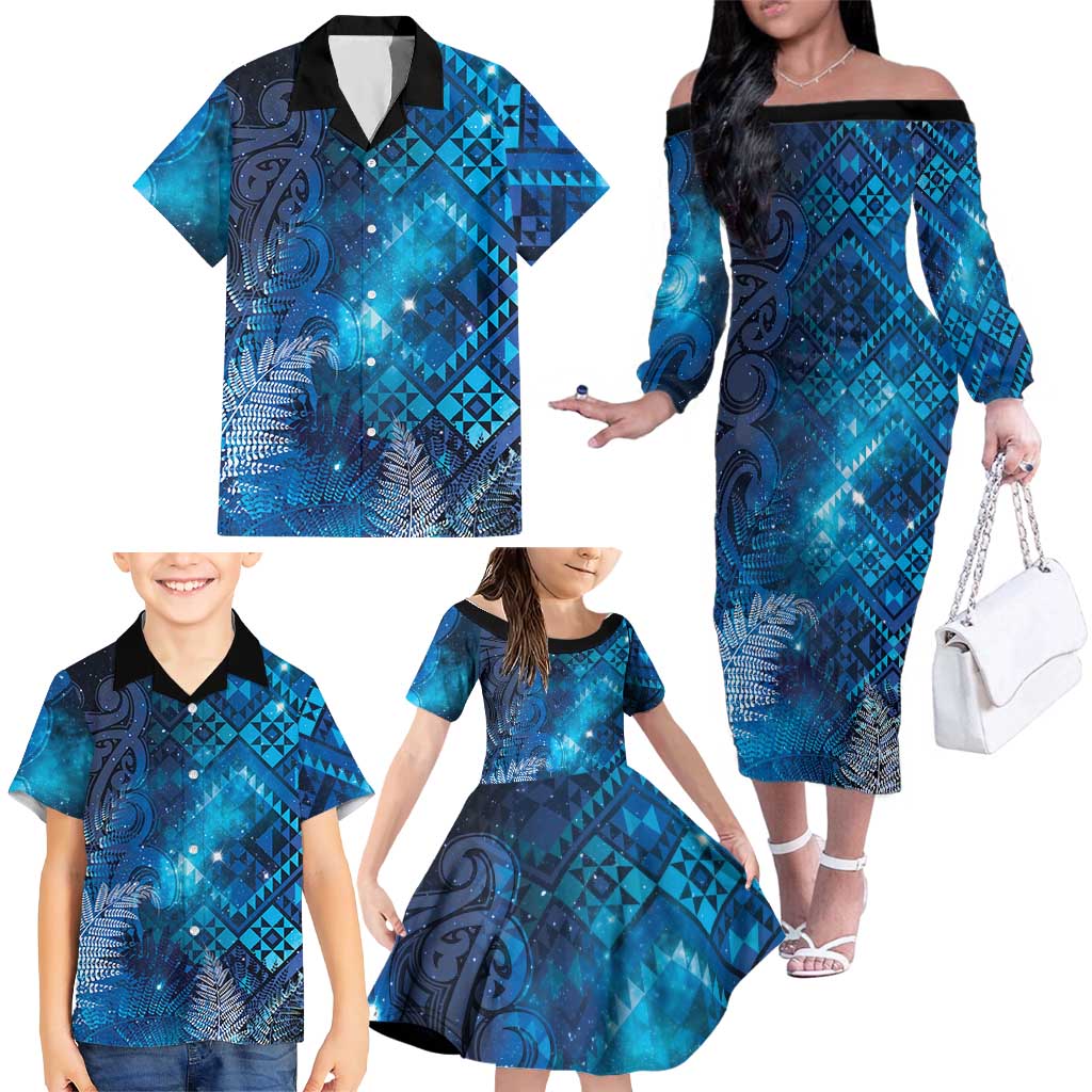 Aotearoa Taniko Matariki Family Matching Off The Shoulder Long Sleeve Dress and Hawaiian Shirt Cosmic Blue