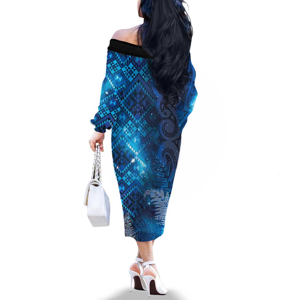 Aotearoa Taniko Matariki Family Matching Off The Shoulder Long Sleeve Dress and Hawaiian Shirt Cosmic Blue