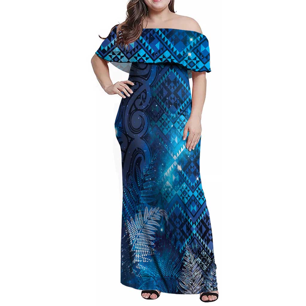 Aotearoa Taniko Matariki Family Matching Off Shoulder Maxi Dress and Hawaiian Shirt Cosmic Blue