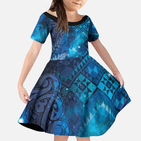 Aotearoa Taniko Matariki Family Matching Off Shoulder Short Dress and Hawaiian Shirt Cosmic Blue