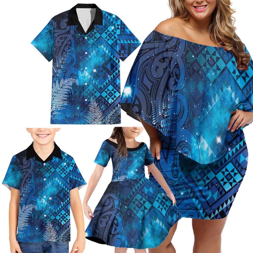 Aotearoa Taniko Matariki Family Matching Off Shoulder Short Dress and Hawaiian Shirt Cosmic Blue