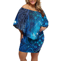 Aotearoa Taniko Matariki Family Matching Off Shoulder Short Dress and Hawaiian Shirt Cosmic Blue