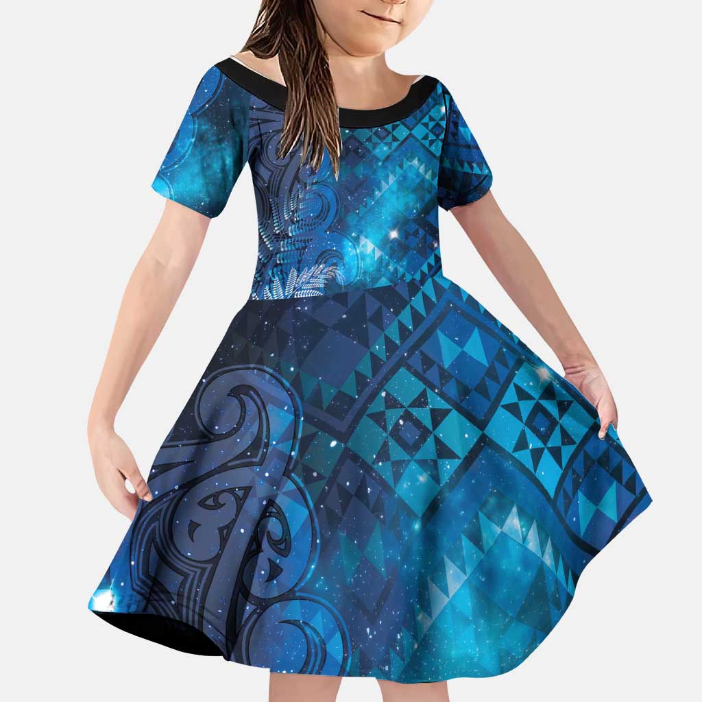 Aotearoa Taniko Matariki Family Matching Short Sleeve Bodycon Dress and Hawaiian Shirt Cosmic Blue