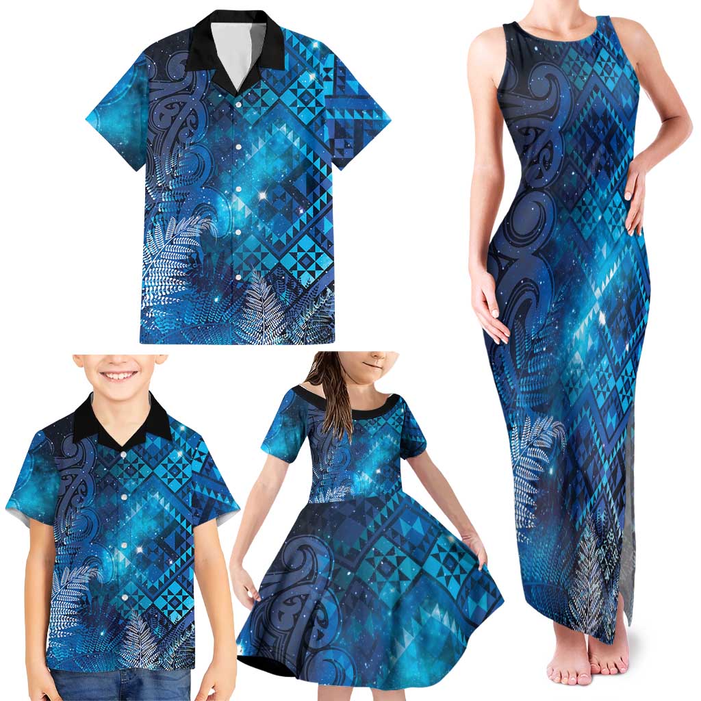 Aotearoa Taniko Matariki Family Matching Tank Maxi Dress and Hawaiian Shirt Cosmic Blue