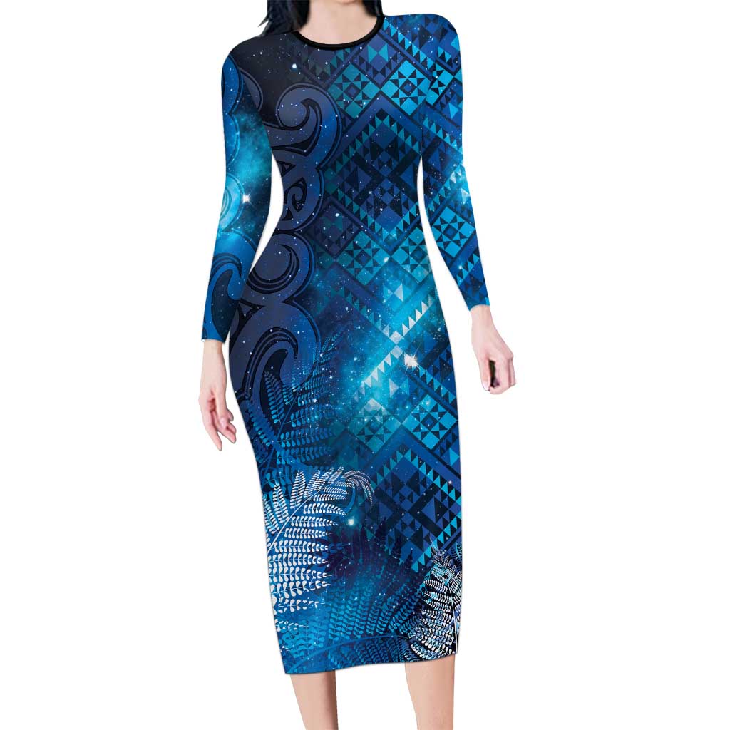 Aotearoa Taniko Matariki Long Sleeve Bodycon Dress Cosmic Blue