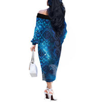 Aotearoa Taniko Matariki Off The Shoulder Long Sleeve Dress Cosmic Blue