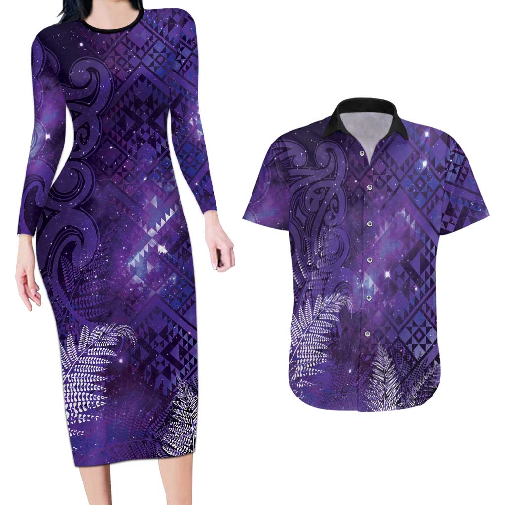 Aotearoa Taniko Matariki Couples Matching Long Sleeve Bodycon Dress and Hawaiian Shirt Cosmic Violet LT7 Purple - Polynesian Pride