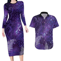 Aotearoa Taniko Matariki Couples Matching Long Sleeve Bodycon Dress and Hawaiian Shirt Cosmic Violet LT7 Purple - Polynesian Pride