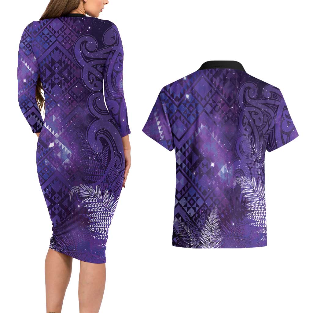 Aotearoa Taniko Matariki Couples Matching Long Sleeve Bodycon Dress and Hawaiian Shirt Cosmic Violet LT7 - Polynesian Pride