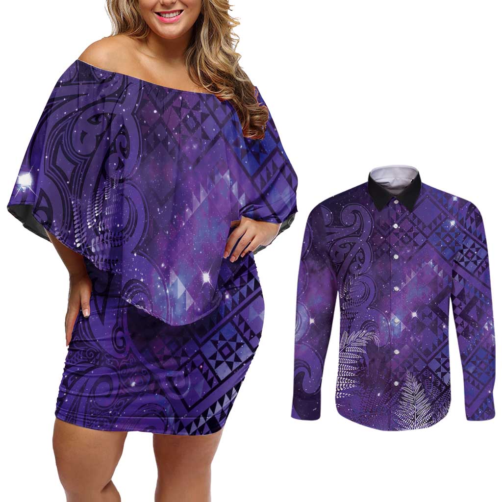 Aotearoa Taniko Matariki Couples Matching Off Shoulder Short Dress and Long Sleeve Button Shirt Cosmic Violet