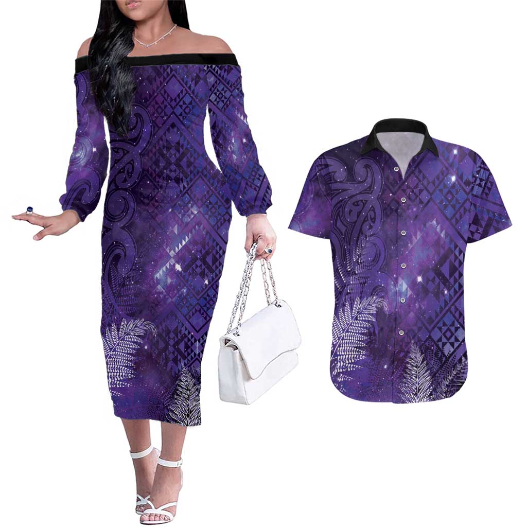 Aotearoa Taniko Matariki Couples Matching Off The Shoulder Long Sleeve Dress and Hawaiian Shirt Cosmic Violet