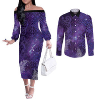 Aotearoa Taniko Matariki Couples Matching Off The Shoulder Long Sleeve Dress and Long Sleeve Button Shirt Cosmic Violet LT7 Purple - Polynesian Pride