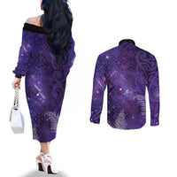 Aotearoa Taniko Matariki Couples Matching Off The Shoulder Long Sleeve Dress and Long Sleeve Button Shirt Cosmic Violet LT7 - Polynesian Pride