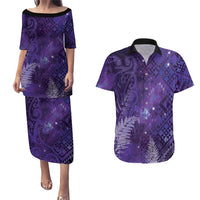 Aotearoa Taniko Matariki Couples Matching Puletasi and Hawaiian Shirt Cosmic Violet