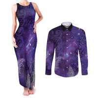 Aotearoa Taniko Matariki Couples Matching Tank Maxi Dress and Long Sleeve Button Shirt Cosmic Violet