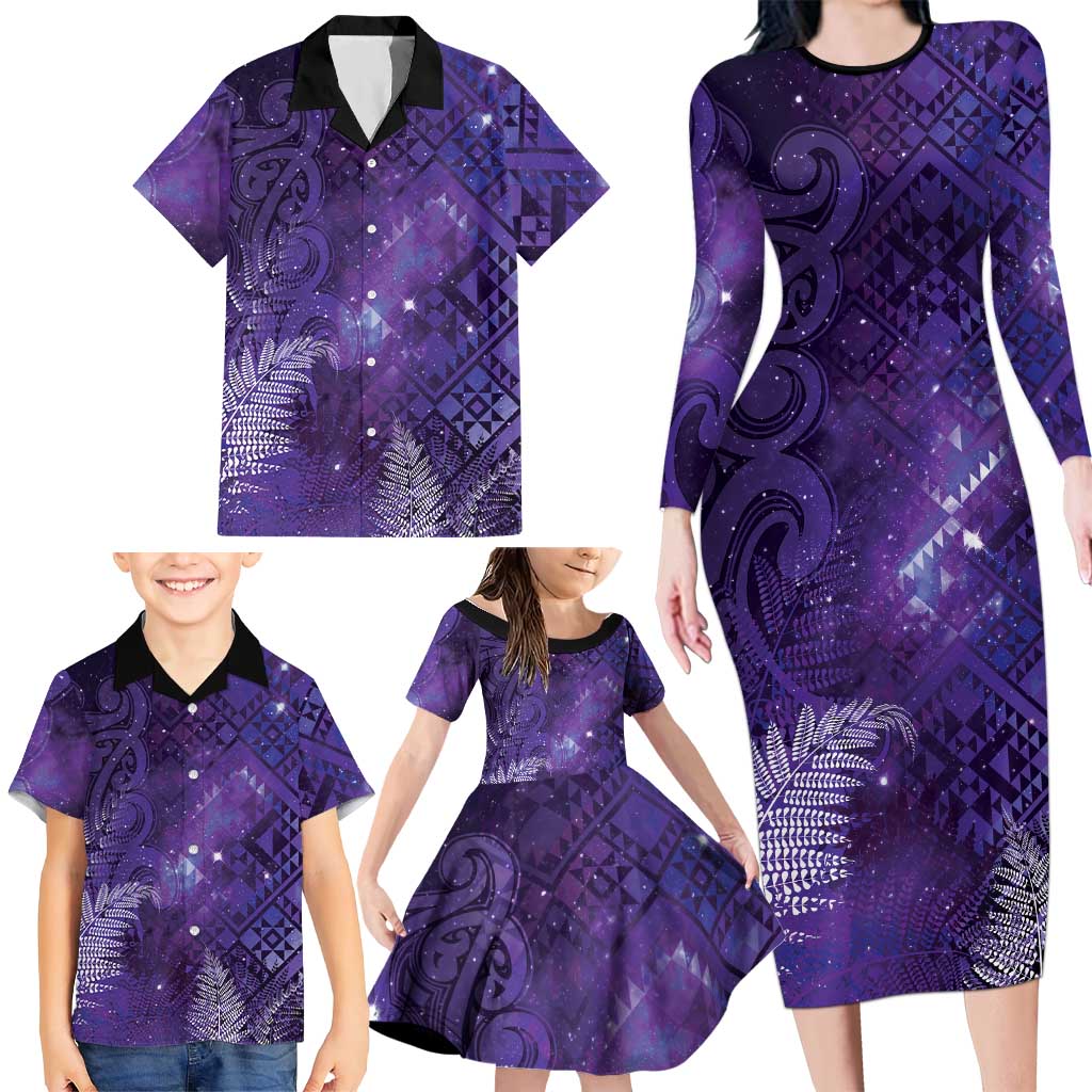 Aotearoa Taniko Matariki Family Matching Long Sleeve Bodycon Dress and Hawaiian Shirt Cosmic Violet