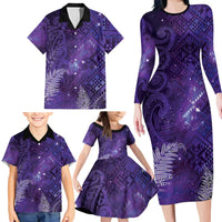 Aotearoa Taniko Matariki Family Matching Long Sleeve Bodycon Dress and Hawaiian Shirt Cosmic Violet