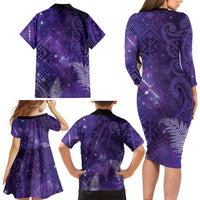 Aotearoa Taniko Matariki Family Matching Long Sleeve Bodycon Dress and Hawaiian Shirt Cosmic Violet