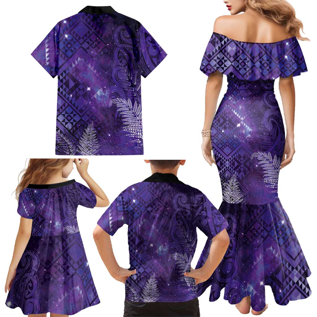 Aotearoa Taniko Matariki Family Matching Mermaid Dress and Hawaiian Shirt Cosmic Violet