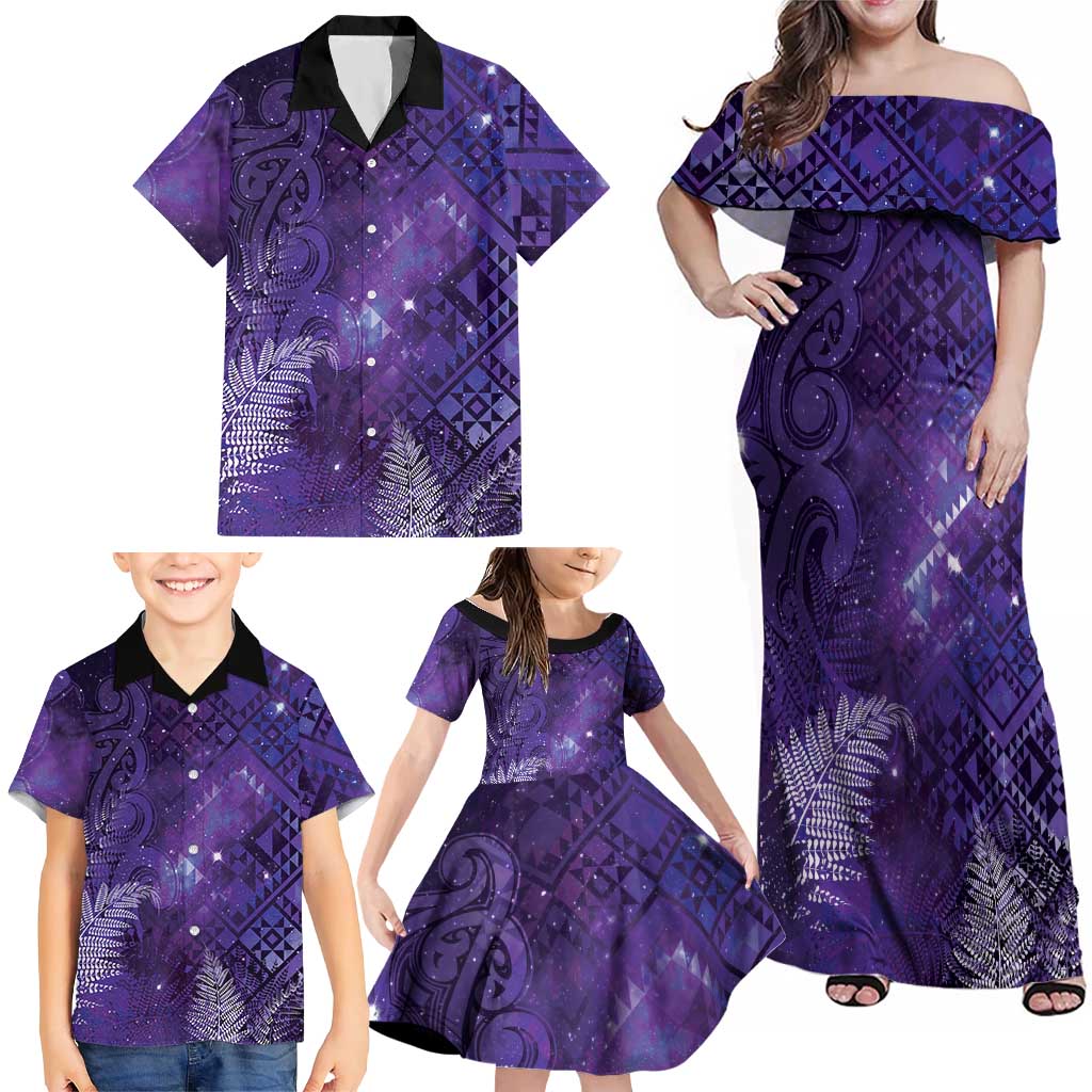 Aotearoa Taniko Matariki Family Matching Off Shoulder Maxi Dress and Hawaiian Shirt Cosmic Violet