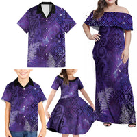 Aotearoa Taniko Matariki Family Matching Off Shoulder Maxi Dress and Hawaiian Shirt Cosmic Violet